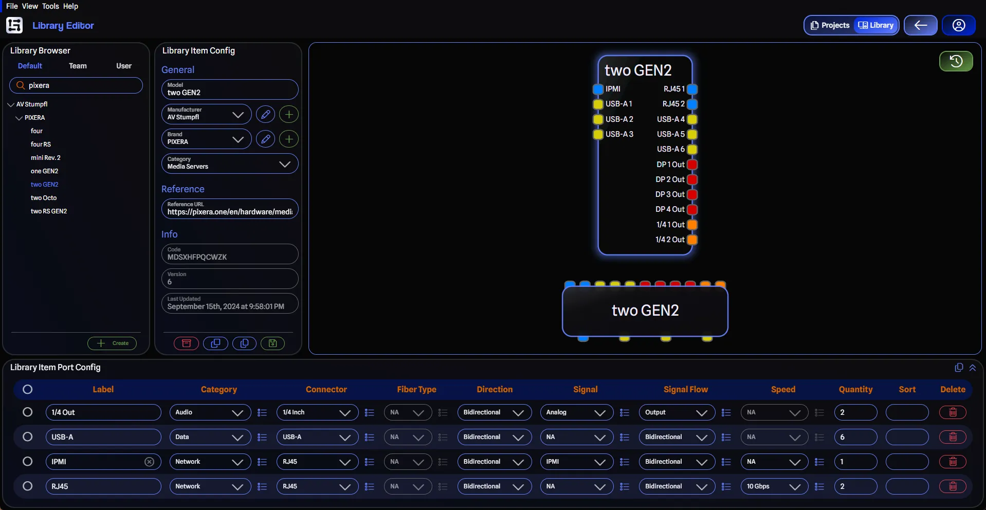 The Library Editor showing a gear item, its port config table, and a live preview in both Detail and Standard mode