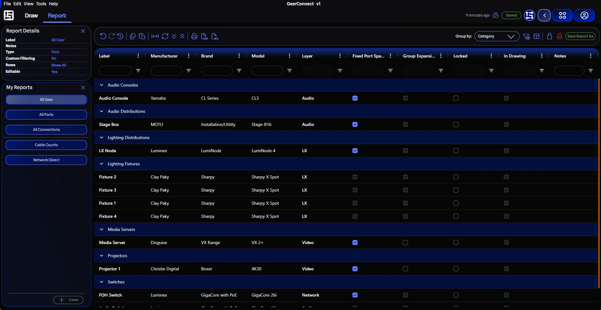 Report mode with an open gear report grouped by category
